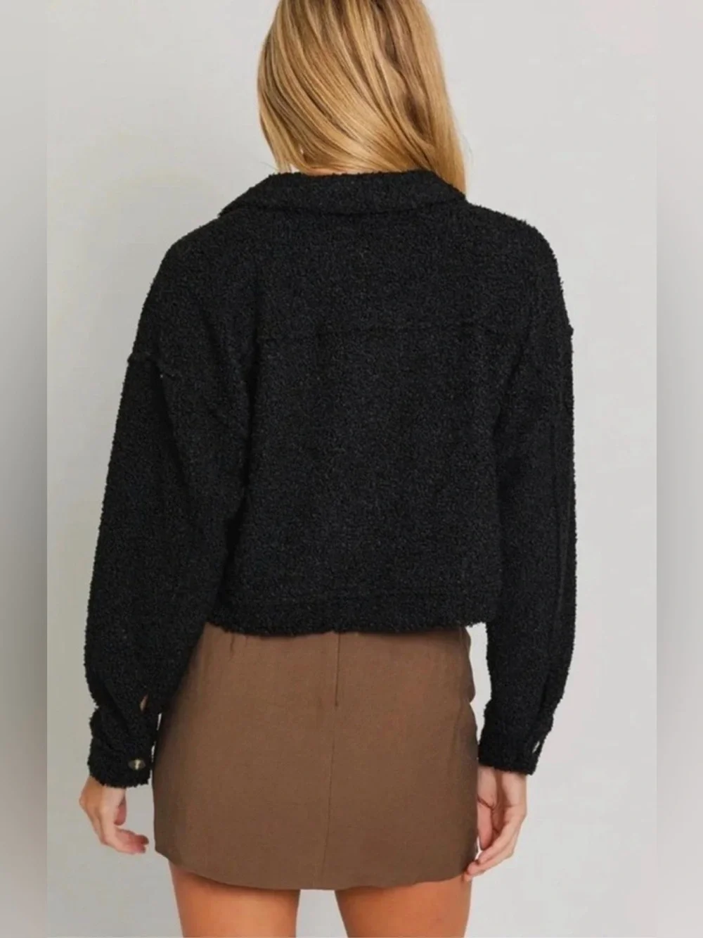 Black Bouclé Cropped Jacket - Women Jackets & Coats - Picture 2 of 3